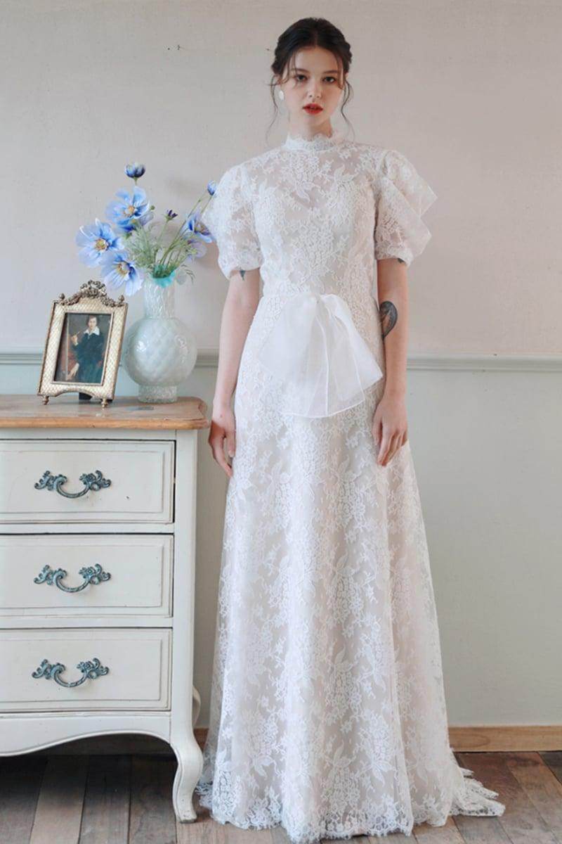 A-Line Sweep-Brush Train Lace Tulle Wedding Dress CW3100 - COCOMELODY